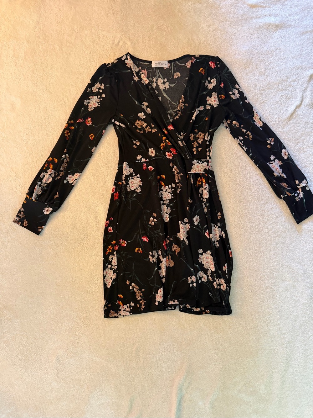 Kaileigh Floral Faux Wrap Dress Black Long Sleeve Petite MP